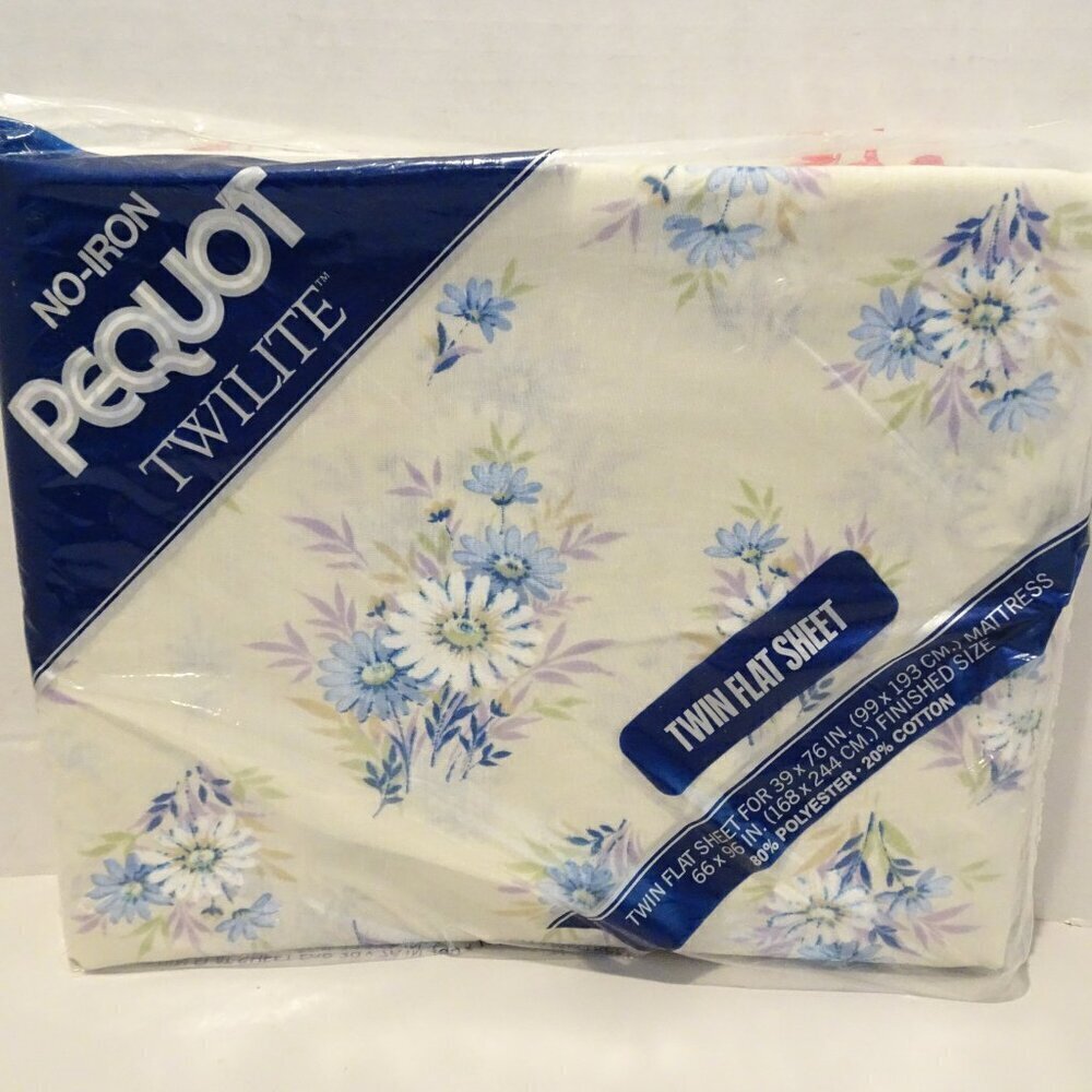Vintage Pequot Floral Flat Sheet Twin Flowers USA Blue Purple Daisies NOS